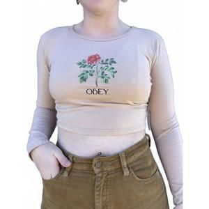 NEW OBEY CLOTHING flower cropped mia tee long sleeve in irish cream